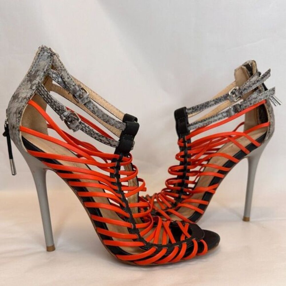LAMB Gwen Stefani neon cage heels snakeskin strappy stiletto leather Y2K 5.5